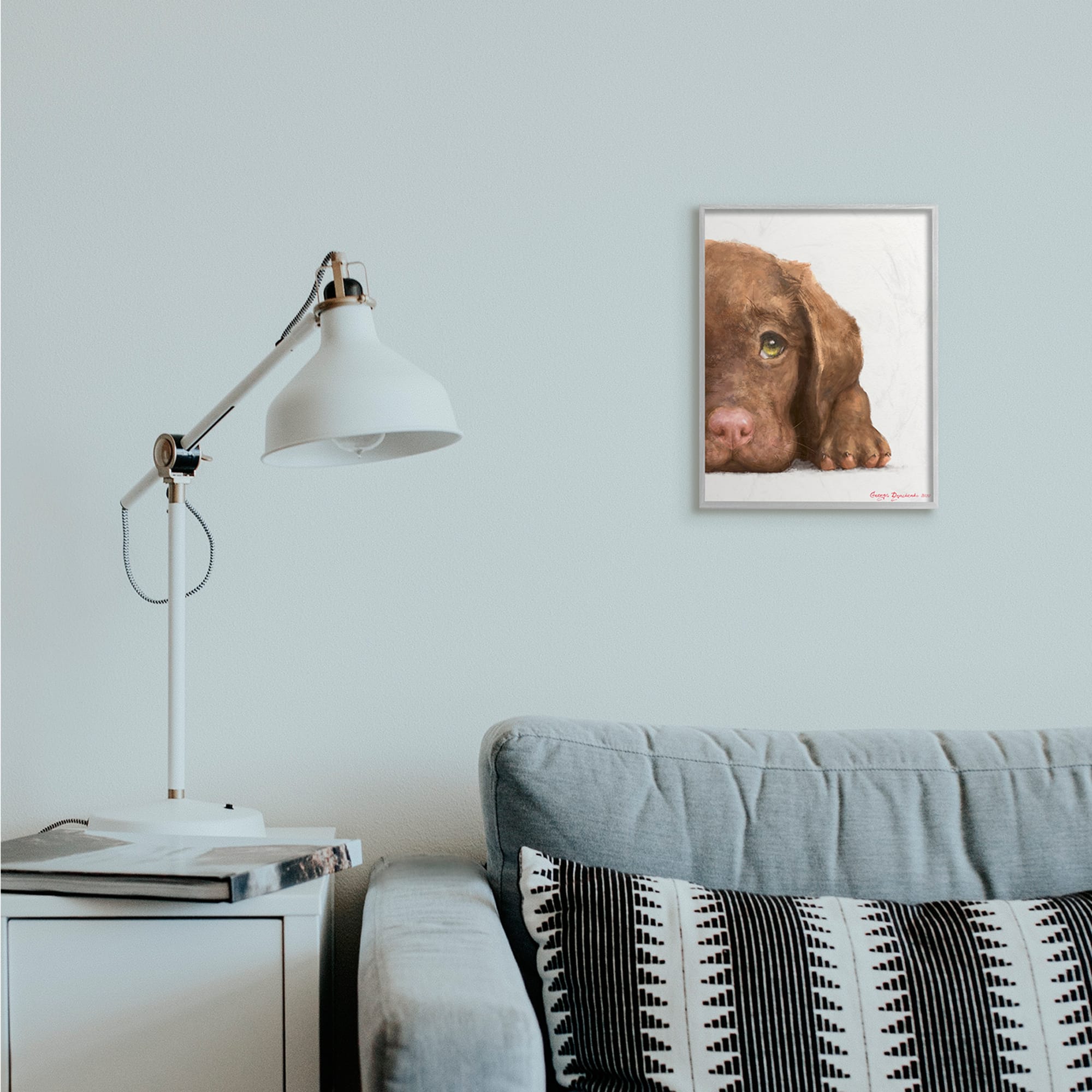 Stupell Industries Chocolate Labrador Puppy Resting Adorable Dog Portrait in Gray Frame Wall Art